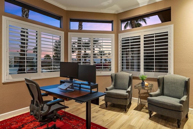 office space featuring ornamental molding, a healthy amount of sunlight, and light wood-type flooring