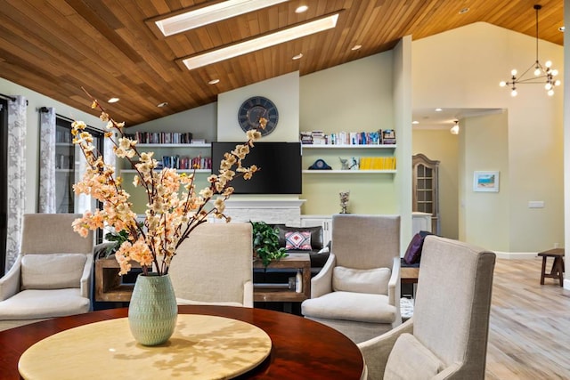 dining area with wood ceiling, lofted ceiling with skylight, and hardwood / wood-style floors