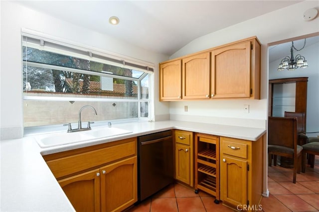 kitchen featuring lofted ceiling, sink, an inviting chandelier, decorative light fixtures, and black dishwasher