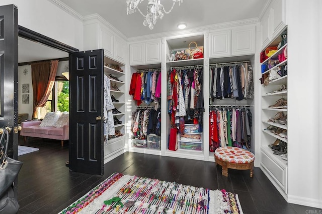 walk in closet with an inviting chandelier and dark hardwood / wood-style flooring