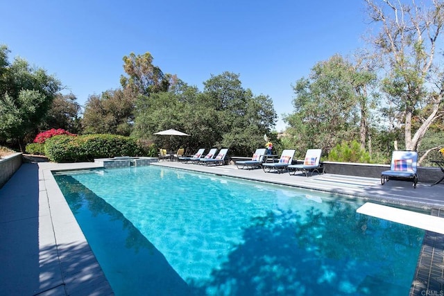 view of swimming pool featuring a diving board and a patio area