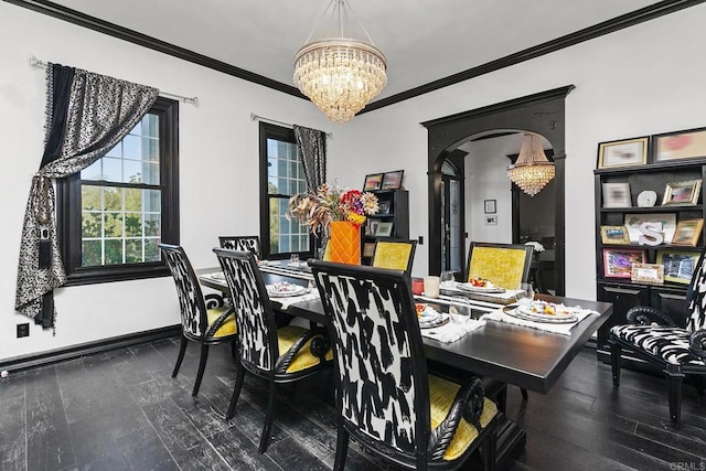 office area featuring crown molding, dark hardwood / wood-style flooring, and an inviting chandelier