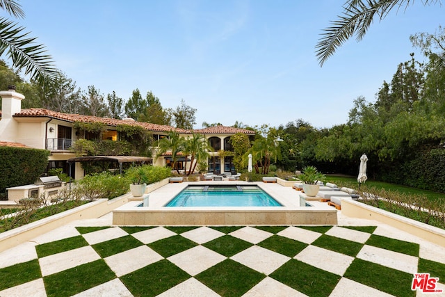 view of swimming pool featuring area for grilling