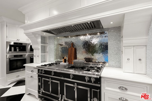 kitchen featuring white cabinetry, black range with gas stovetop, ornamental molding, decorative backsplash, and stainless steel double oven