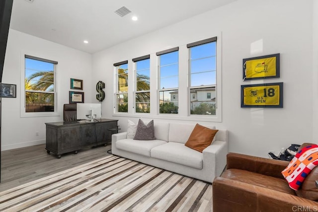 living room with light hardwood / wood-style flooring