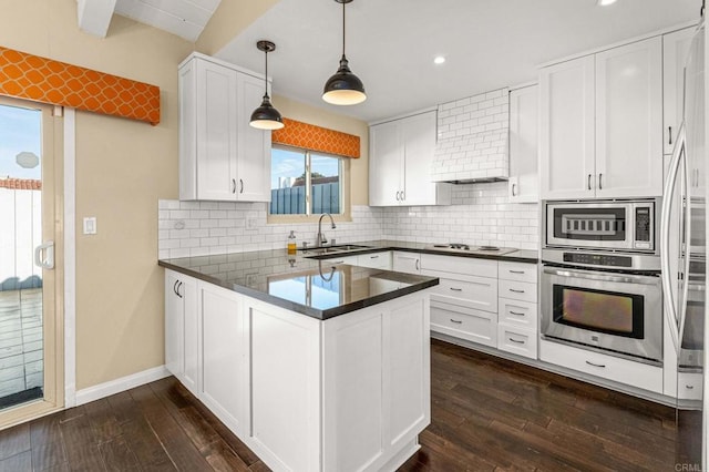 kitchen with backsplash, stainless steel appliances, white cabinets, decorative light fixtures, and kitchen peninsula