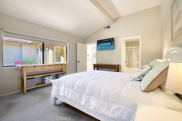 carpeted bedroom featuring lofted ceiling with beams and ensuite bathroom