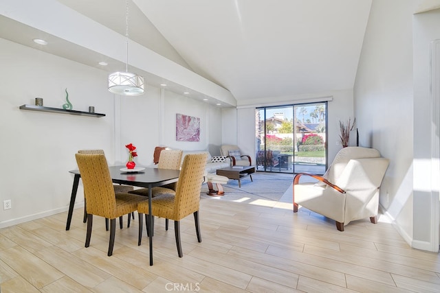 57 Ponderosa Cir, Palm Desert, CA 92211 - dining space with high vaulted ceiling, light wood-style flooring, baseboards, and recessed lighting