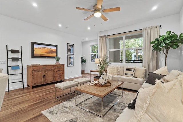 living room with hardwood / wood-style flooring and ceiling fan