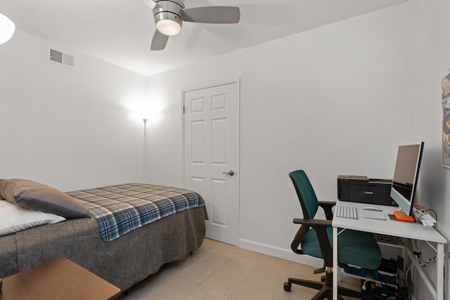 bedroom featuring ceiling fan and light tile patterned flooring