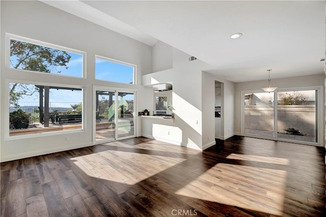 interior space with dark hardwood / wood-style floors and a towering ceiling