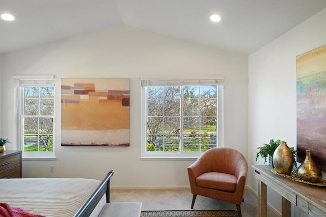 bedroom with lofted ceiling, multiple windows, and light carpet