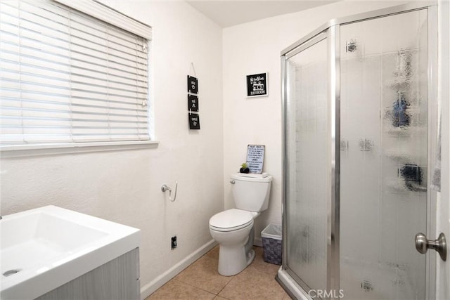 bathroom with tile patterned flooring, toilet, and walk in shower