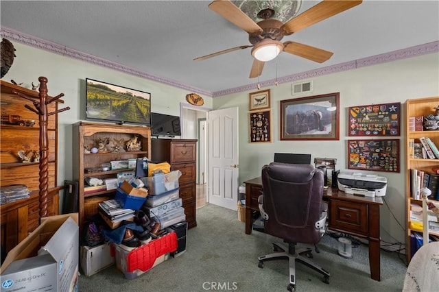 home office with carpet and ceiling fan