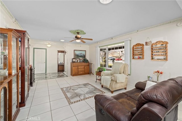 living room with light tile patterned flooring and ceiling fan