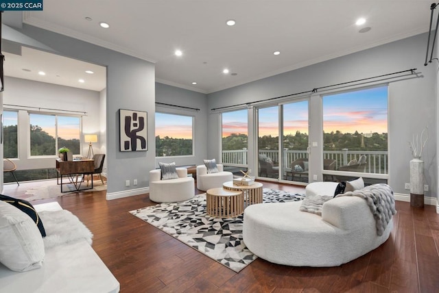 living room featuring ornamental molding and dark wood-type flooring