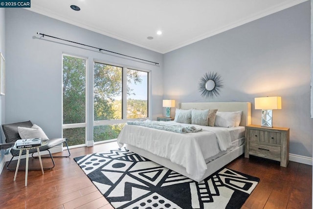 bedroom featuring crown molding and dark hardwood / wood-style flooring