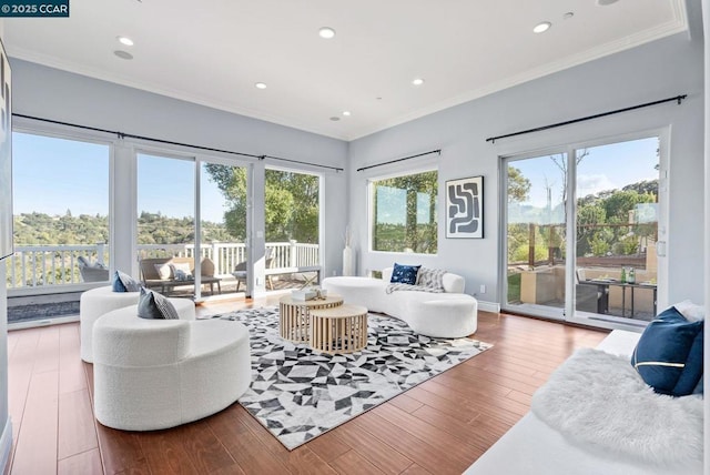 living room with wood-type flooring and ornamental molding