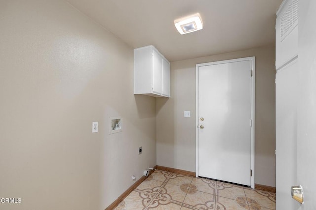 laundry room with electric dryer hookup, light tile patterned floors, hookup for a washing machine, and cabinets