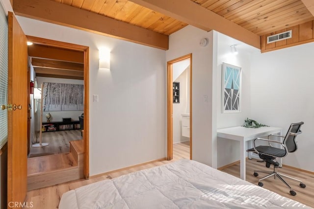 bedroom featuring beam ceiling, wooden ceiling, and hardwood / wood-style flooring