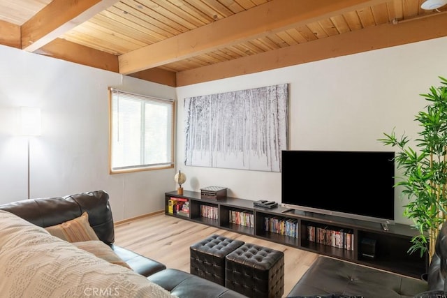 living room with beam ceiling, wood-type flooring, and wooden ceiling