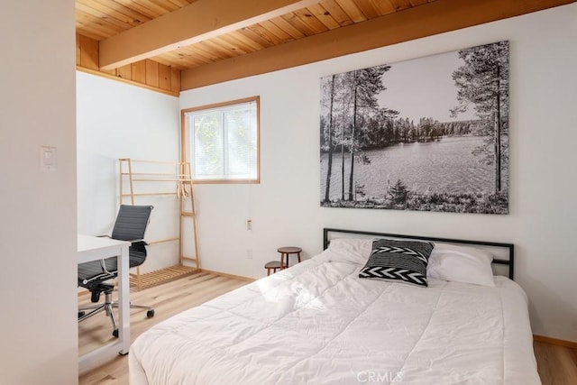 bedroom featuring wood ceiling, beam ceiling, and hardwood / wood-style flooring