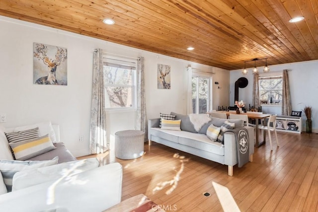 living room featuring hardwood / wood-style floors, a wood stove, and wooden ceiling