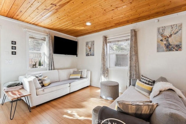 living room with wood-type flooring and wooden ceiling