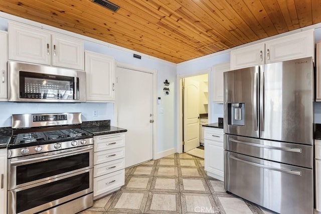 kitchen featuring wooden ceiling, stainless steel appliances, and white cabinets