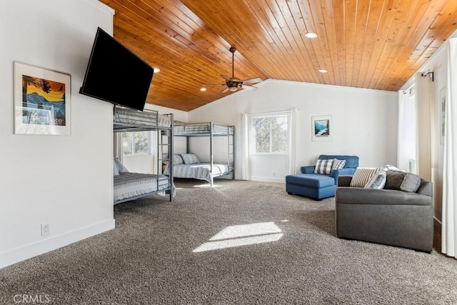 bedroom with lofted ceiling, carpet flooring, and wooden ceiling