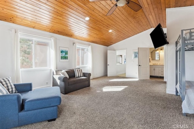 living room with lofted ceiling, wooden ceiling, ceiling fan, and carpet flooring