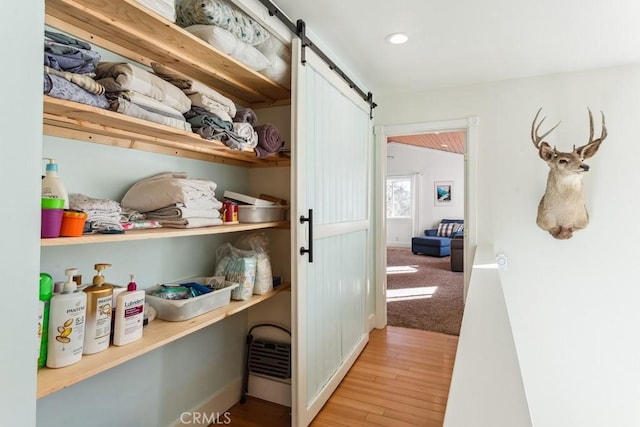 interior space featuring a barn door and light hardwood / wood-style floors