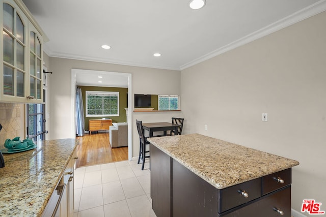 kitchen with crown molding, light stone counters, and dark brown cabinetry