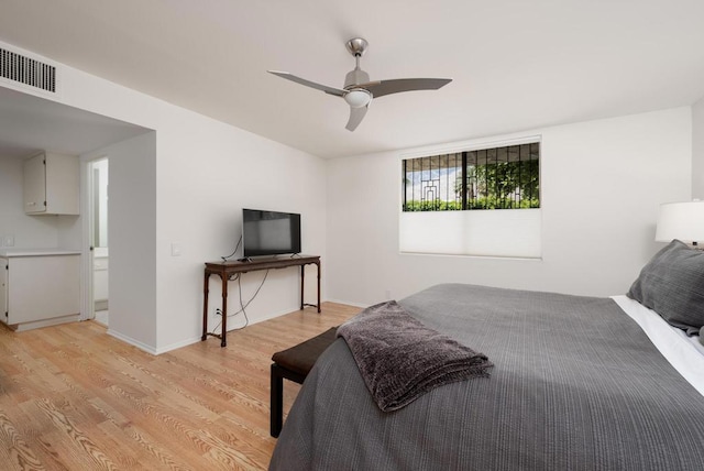 bedroom featuring ceiling fan and light wood-type flooring