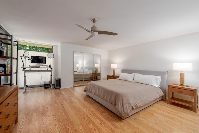 bedroom featuring ceiling fan, light wood-type flooring, and a closet