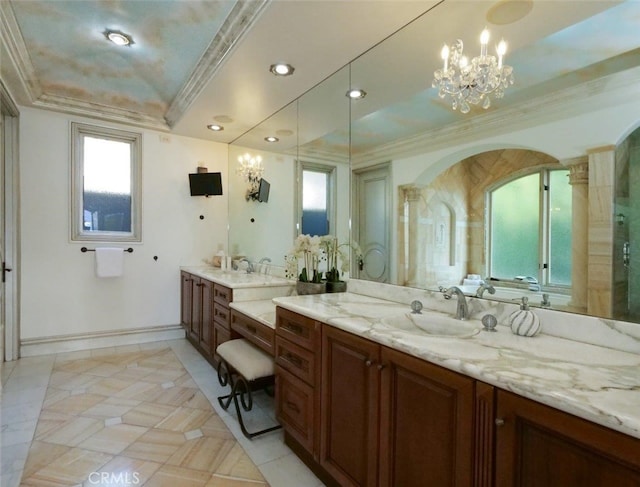 bathroom with a shower with shower door, ornamental molding, vanity, a notable chandelier, and a raised ceiling