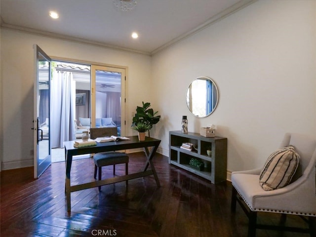 office space with ornamental molding and dark hardwood / wood-style flooring