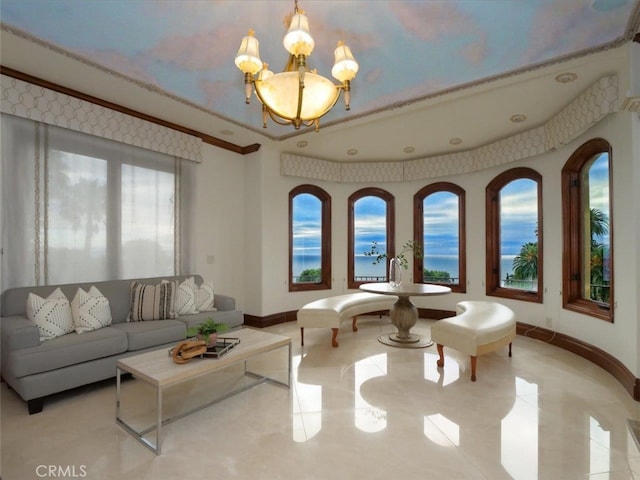 interior space featuring crown molding and a notable chandelier