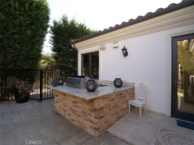 view of patio with an outdoor kitchen, grilling area, and exterior bar