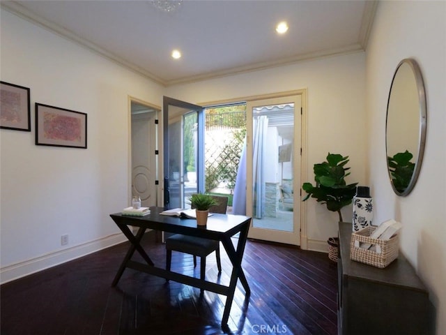 dining area with crown molding and dark hardwood / wood-style floors