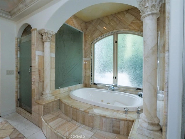 bathroom featuring ornamental molding, plus walk in shower, and ornate columns