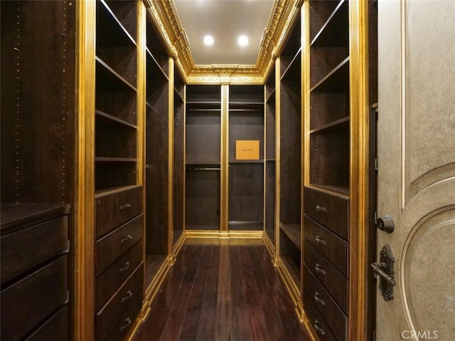 spacious closet with dark hardwood / wood-style flooring