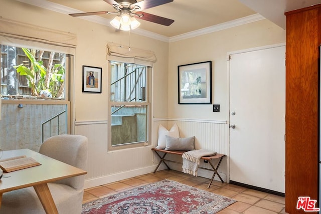 tiled office featuring crown molding and ceiling fan