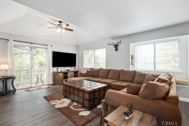 living room featuring lofted ceiling, dark wood-type flooring, and ceiling fan
