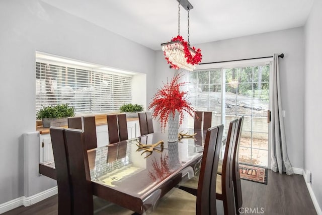 dining area with dark hardwood / wood-style floors and a chandelier