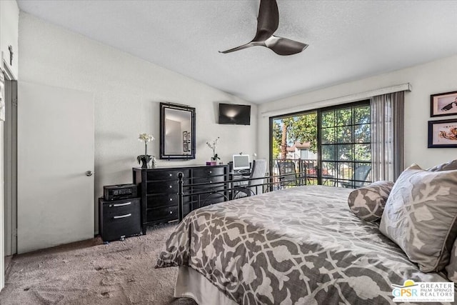 bedroom with ceiling fan, access to exterior, carpet flooring, a textured ceiling, and vaulted ceiling