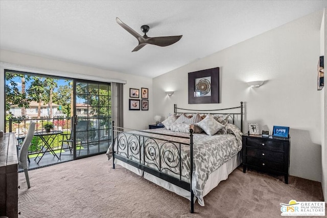 carpeted bedroom featuring ceiling fan, lofted ceiling, a textured ceiling, and access to outside