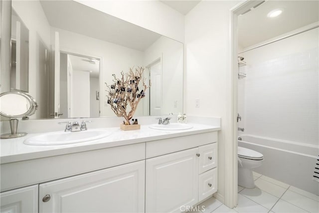 full bathroom featuring shower / tub combination, vanity, toilet, and tile patterned floors