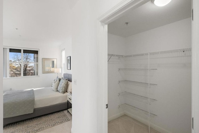 bedroom featuring light carpet and a closet