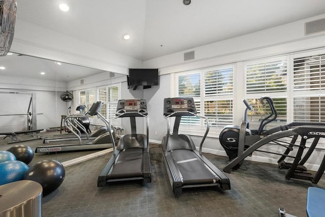 workout area featuring vaulted ceiling